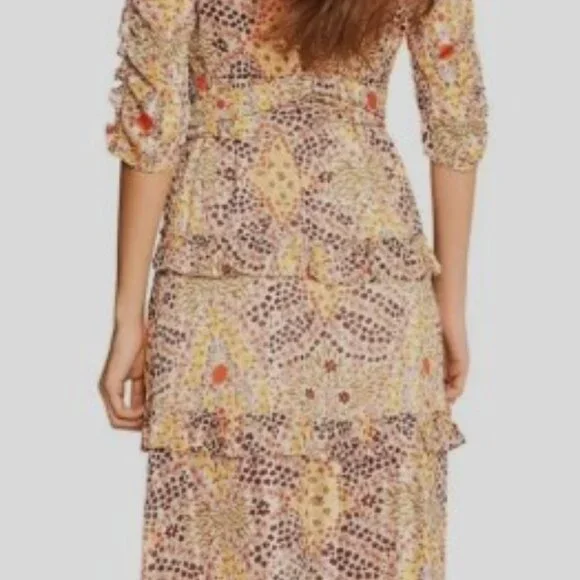 ba&sh Paris Happy Dress | Boho Ruffle Tiered Midi | Earth-Tone Floral | Small - Picture 5 of 13